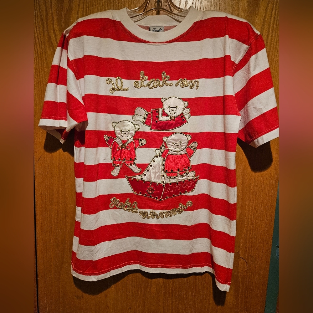 Vintage One of kind red and white stripe shirt, w Decorative embroider bears
